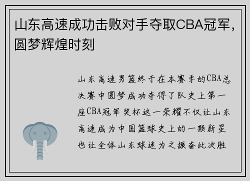 山东高速成功击败对手夺取CBA冠军，圆梦辉煌时刻